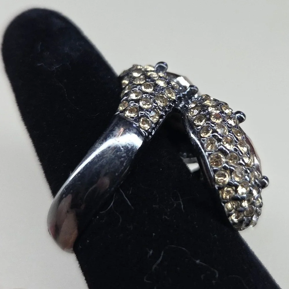 Amber Pear Crystal Bypass Cocktail Ring‎ Gunmetal Tone Pave Rhinestone Size 7.5